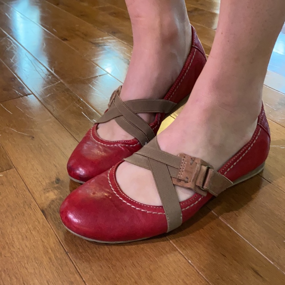 Red tan real leather ballerina shoes